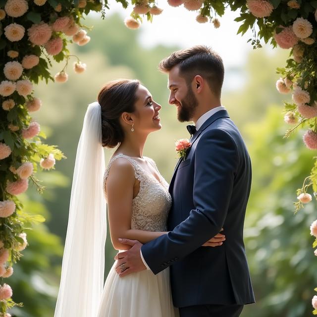 Pasangan pengantin baru bergambar di taman, momen bahagia.